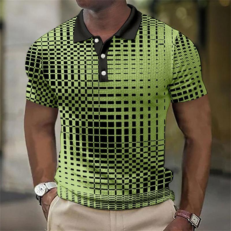 Haojun Herenpoloshirt met 3D-printontwerp van rasterpatroon, ademend zomerpoloshirt. 4XL