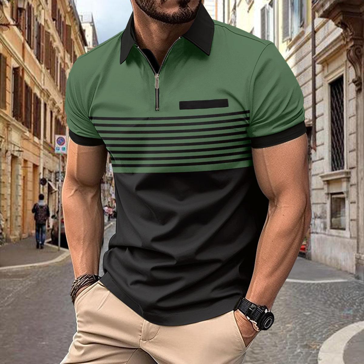 Top Men Wardrobe 2024 Heren Gestreept Casual Poloshirt met Borstzak met Ritssluiting XXXL groen