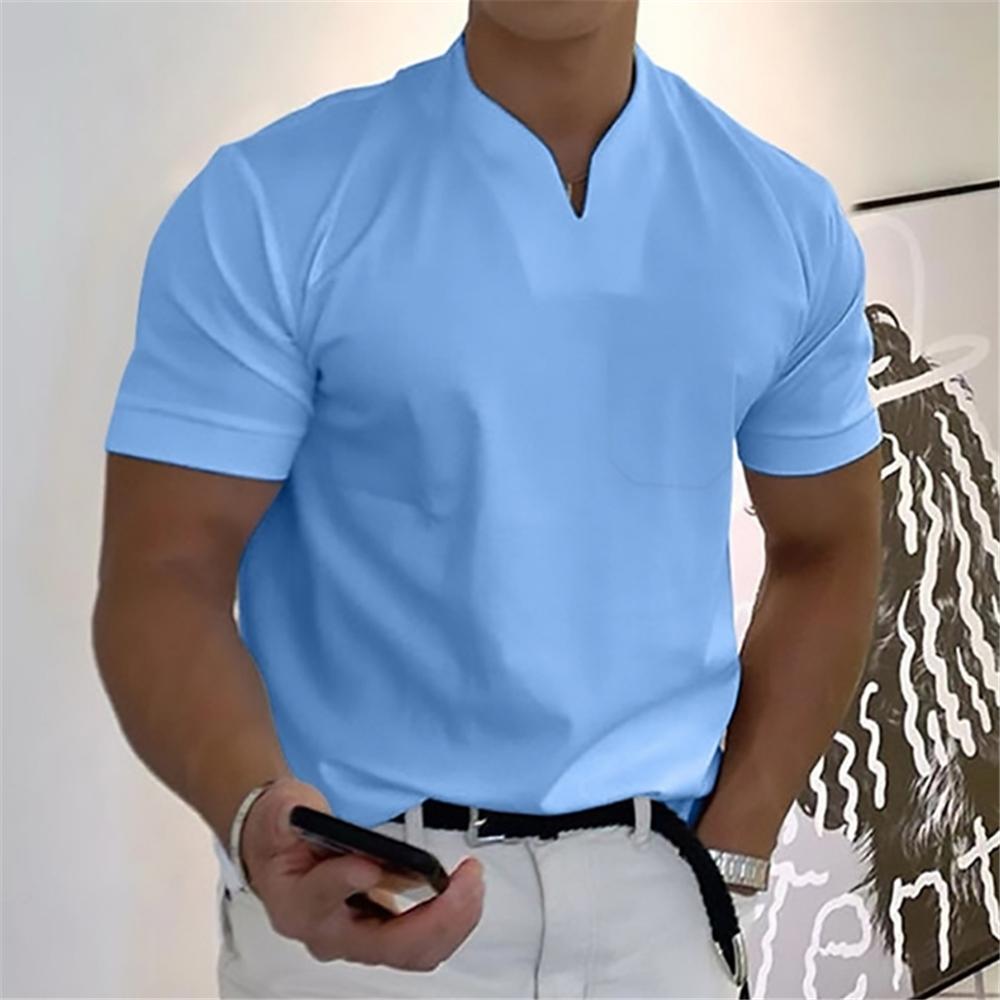 WowClassic Muscle Men's Pocket Fitness Plus Size Sports T-shirt Heren Elastisch Katoen Zomer V-hals Korte Mouw Poloshirt 3XL