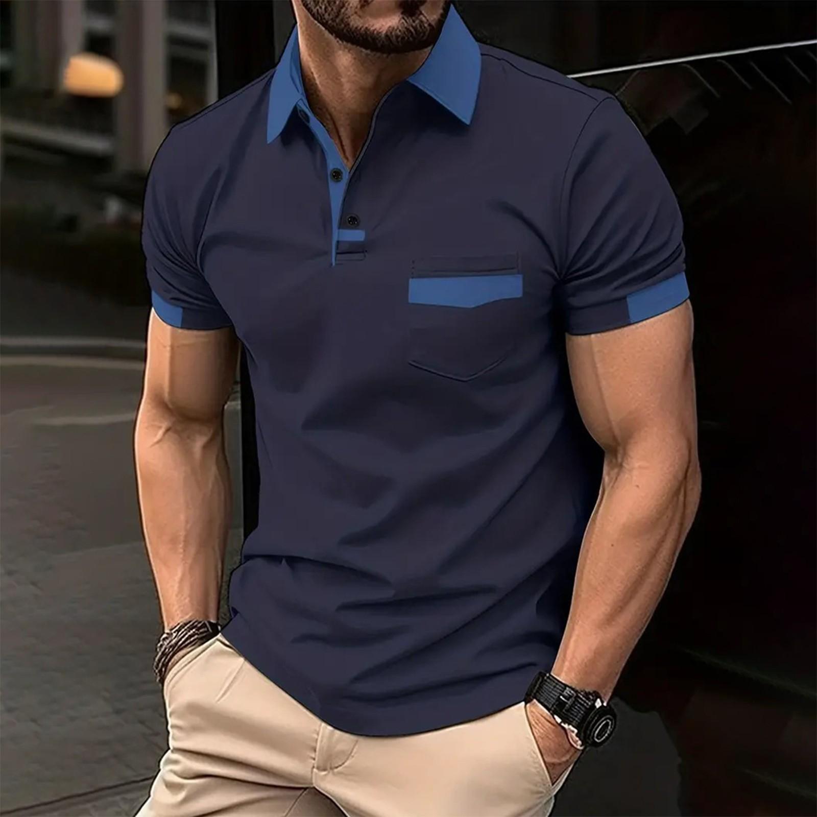 Linglong Heren T-shirt met korte mouwen, reverskraag en casual ronde hals XL Vloot