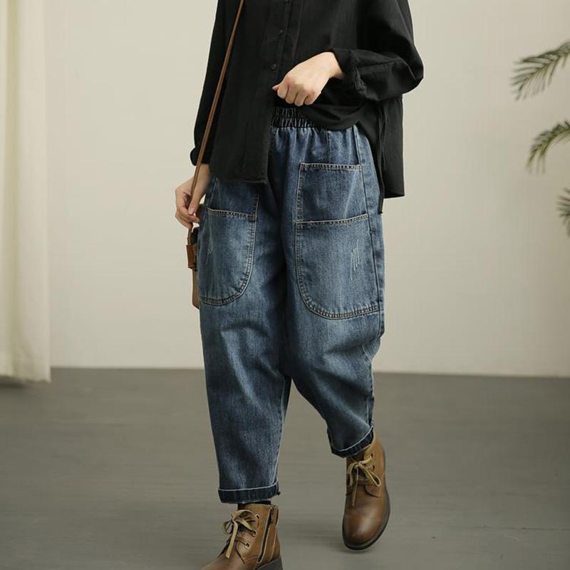 WTEMPO Retro noodlijdende harembroek elastische taille damesjeans losse wijde pijpen rechte denim grote zakbroek XL