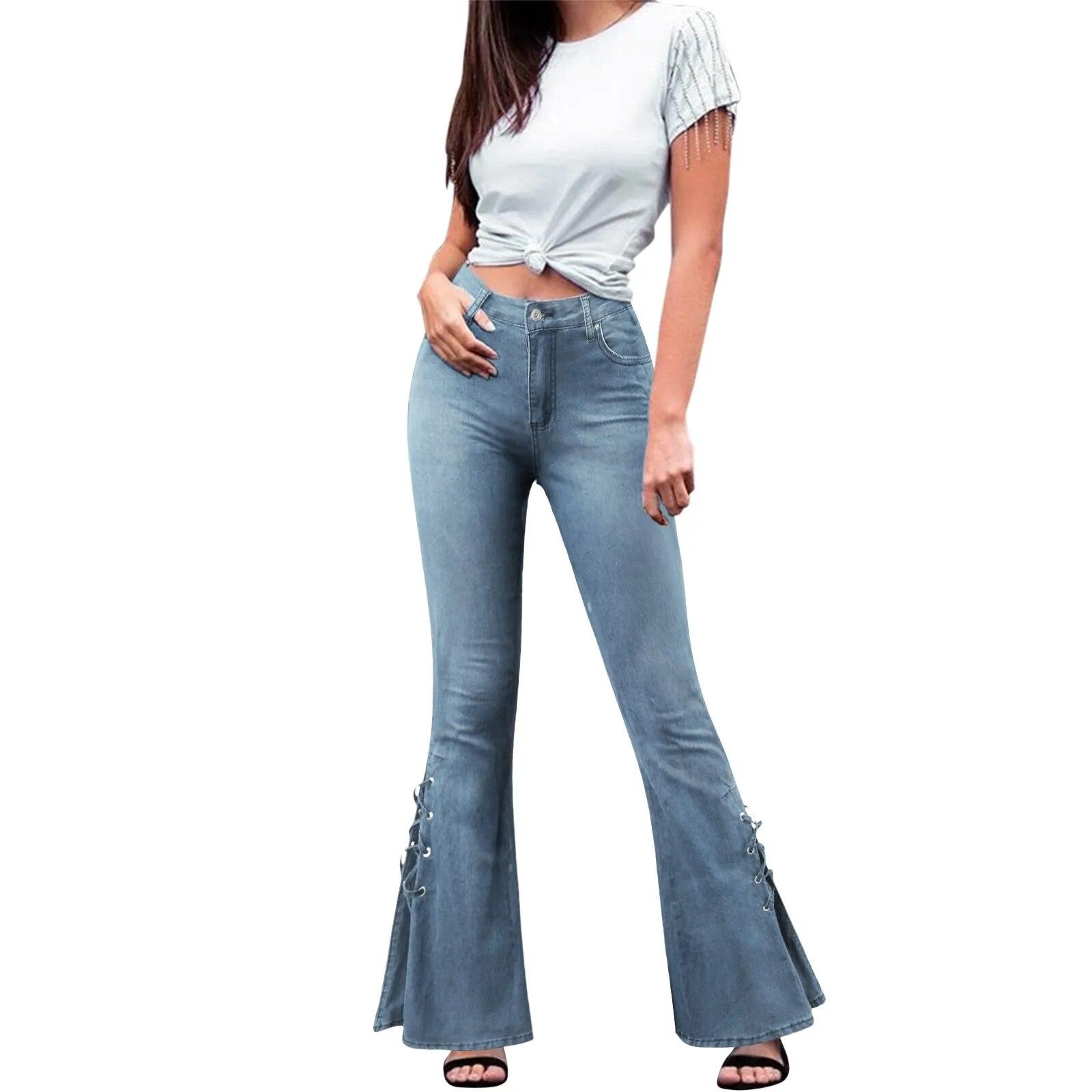 Twelve Month Vrouwen uitlopende jeans hoge taille denim broek vintage stretch streetwear vetersluiting bell bottom broek elastische jeans XS lichtblauwe kleur