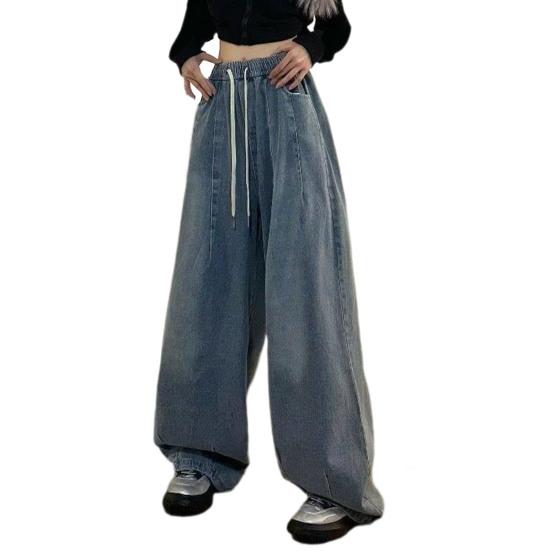 Bluelans clothing Damesjeans Wijde pijpen, vloerlengte, losse denim, trekkoord, elastische taille, effen kleur, hiphop M blauw