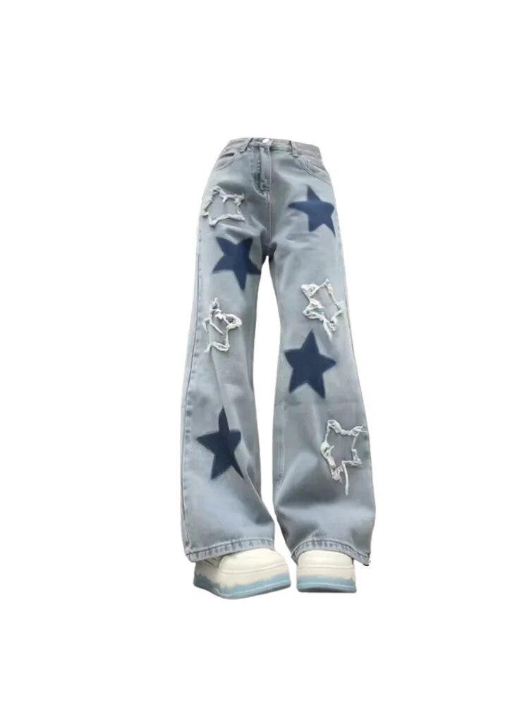 Exotic Dames Baggy Blue Star Jeans Vintage Y2k jaren 90 Esthetische Denim Broek Harajuku Hoge Taille Brede Cowboy Broek Jaren 2000 Kleding 2024 S blauw