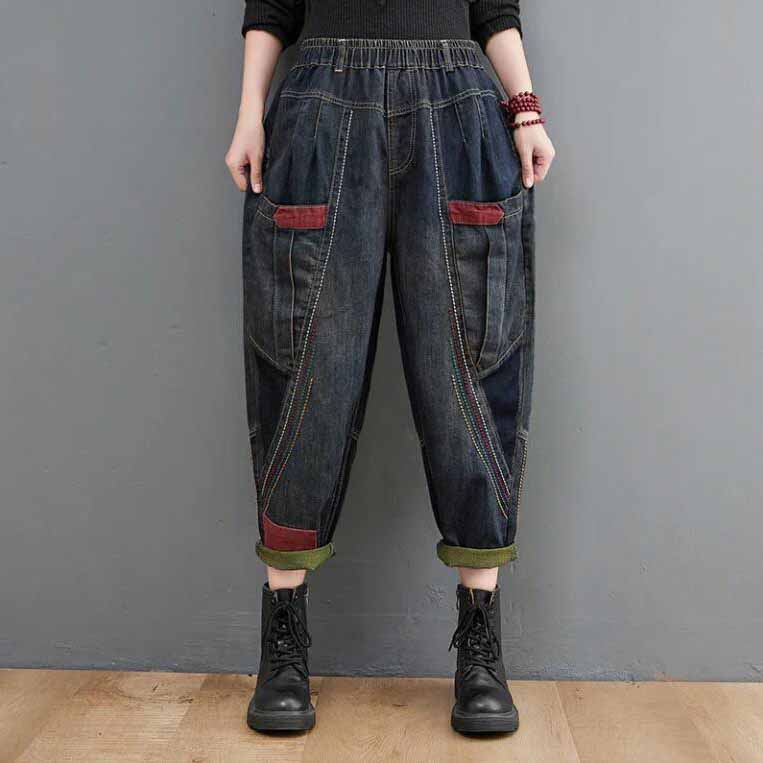 First Club Dames katoenen losse jeans elastische taille kleur botsing casual harem broek M