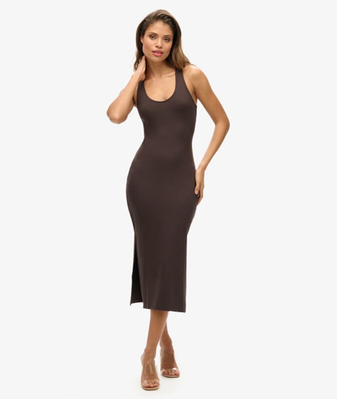 Superdry Jersey Midi-jurk met Laag Uitgesneden Ronde Hals Bruin