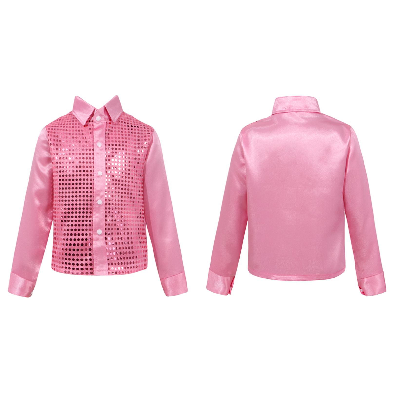 Daenrui Kinderen Jongens Glanzende Lovertjes Jazzdans Stage Performance Shirt met lange mouwen Feestkostuums 10-12 Years roze
