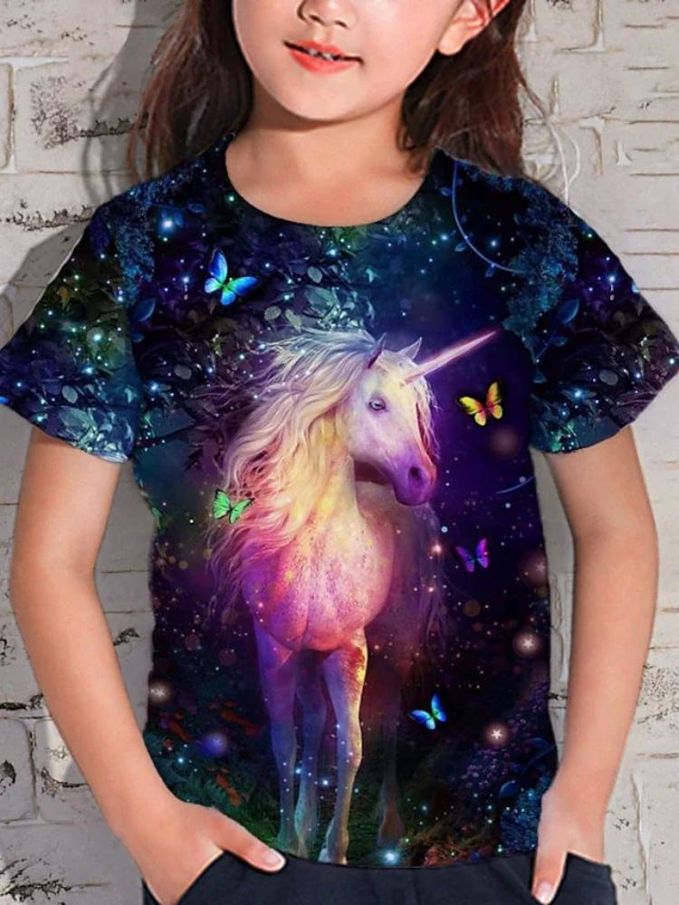 Kukebang Nieuwe Kids Meisjes O-hals T-shirt Hart Vlinder 3D Bedrukt Korte Mouw T-shirt Kinderen Mode Streetwear Zomer Tops Kleding 160