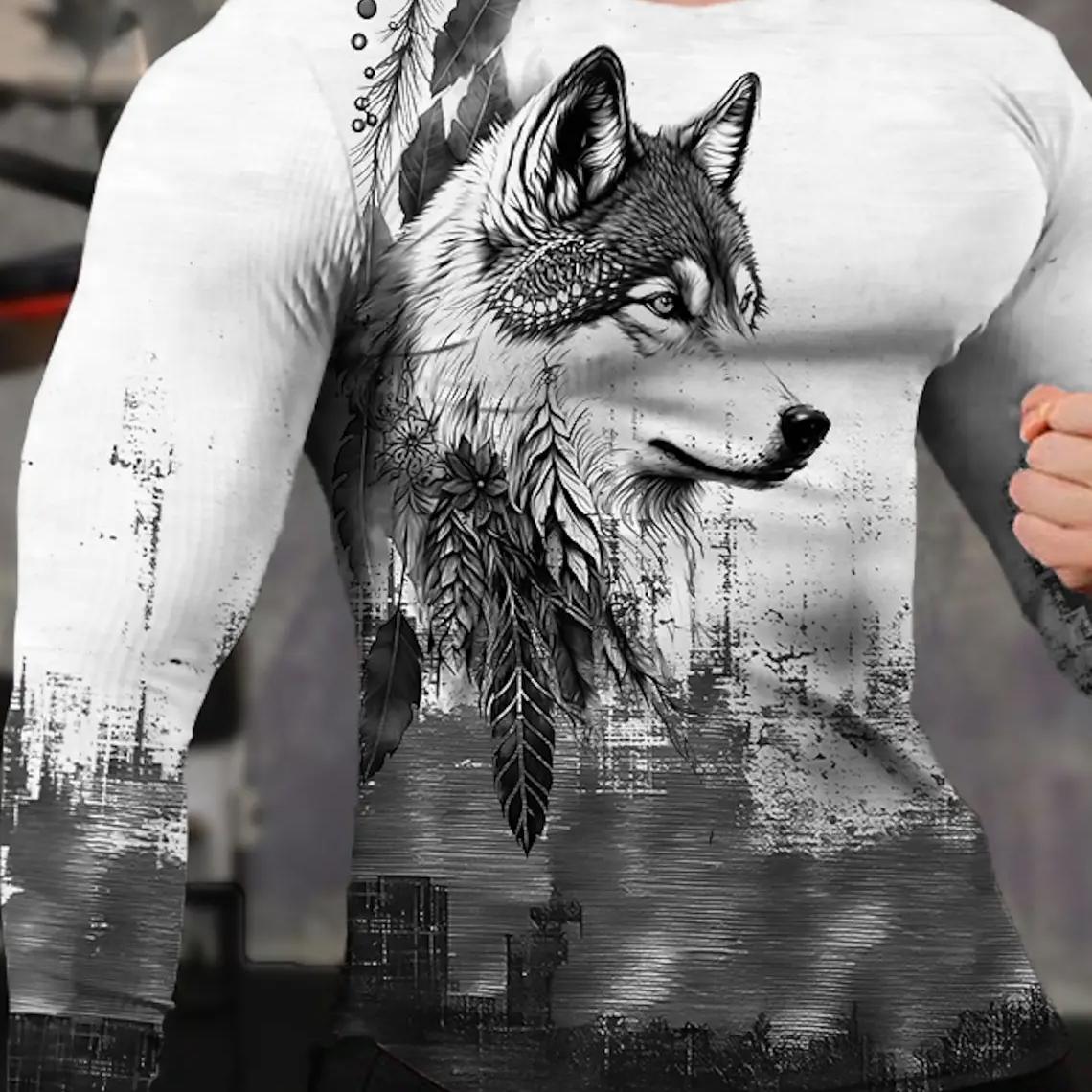 ETST 03 Vintage Heren T-shirt met lange mouwen, 3D-printoverhemden, Mode Dierenwolf Grafische korte mouwen, Oversized streetwear tops, T-shirts L