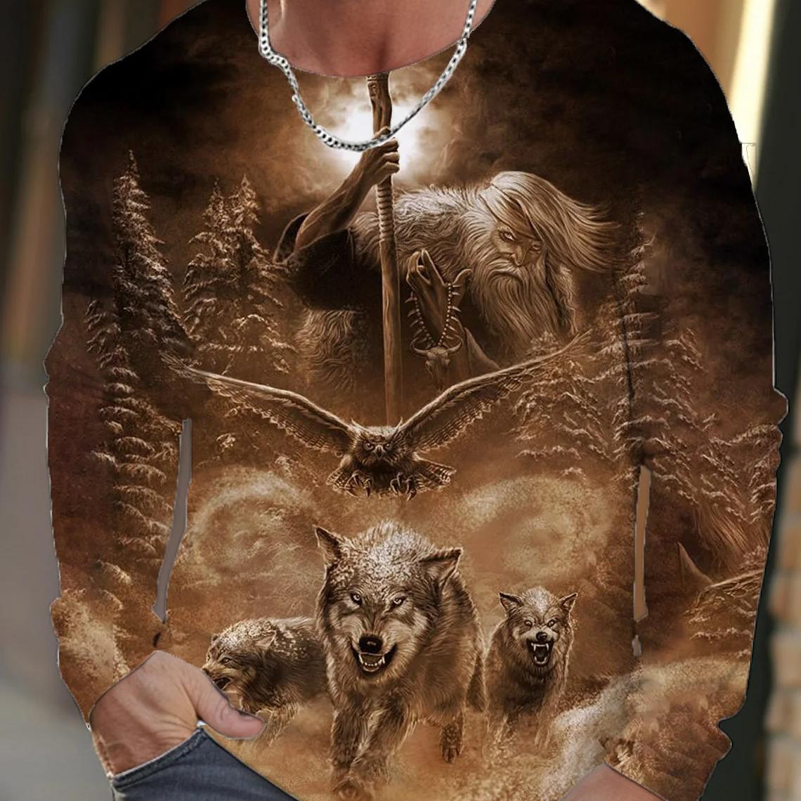 ETST 03 Vintage Heren T-shirt met lange mouwen, 3D-printoverhemden, Mode Dierenwolf Grafische korte mouwen, Oversized streetwear tops, T-shirts 3XL