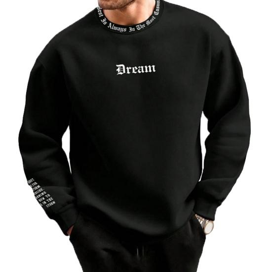 Chosyin Mannen herfst winter sweatshirt ronde hals lange mouw brief print lange mouw dikke losse zachte warme halflange heren casual top M zwart
