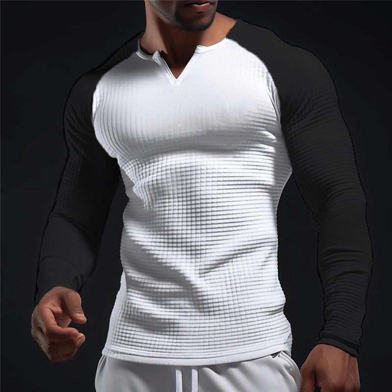 Top Men Wardrobe TUME Color Block Waffle T-shirt met lange mouwen voor heren, voor lente en zomer L wit/zwart