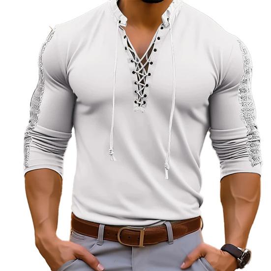 MA10BL Mannen Effen Kleur Slim Fit T-shirt V-hals Lace Up Lange Mouw Spier Tops Hoge Elastische Volwassen Mannen Shirt Tops XL wit