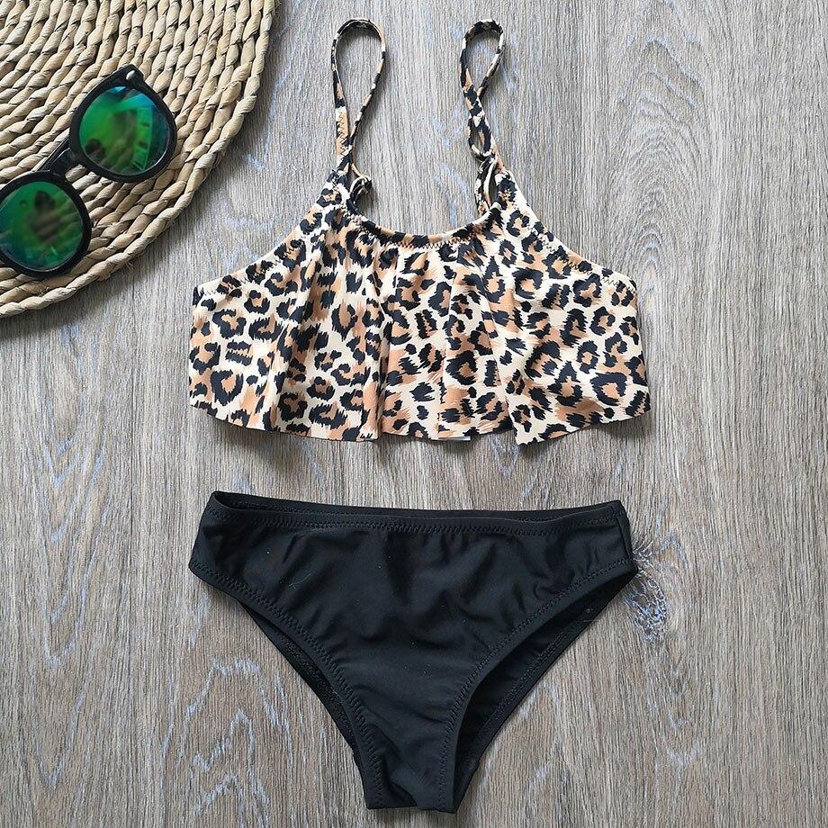 Fox Swimwear 6-14 jaar Meisjesbadpak Kinderen Badmode Luipaard Tienermeisjesbikini Set Falbala Tweedelig Kinderbadmode Meisjesbadpak 12 zwart
