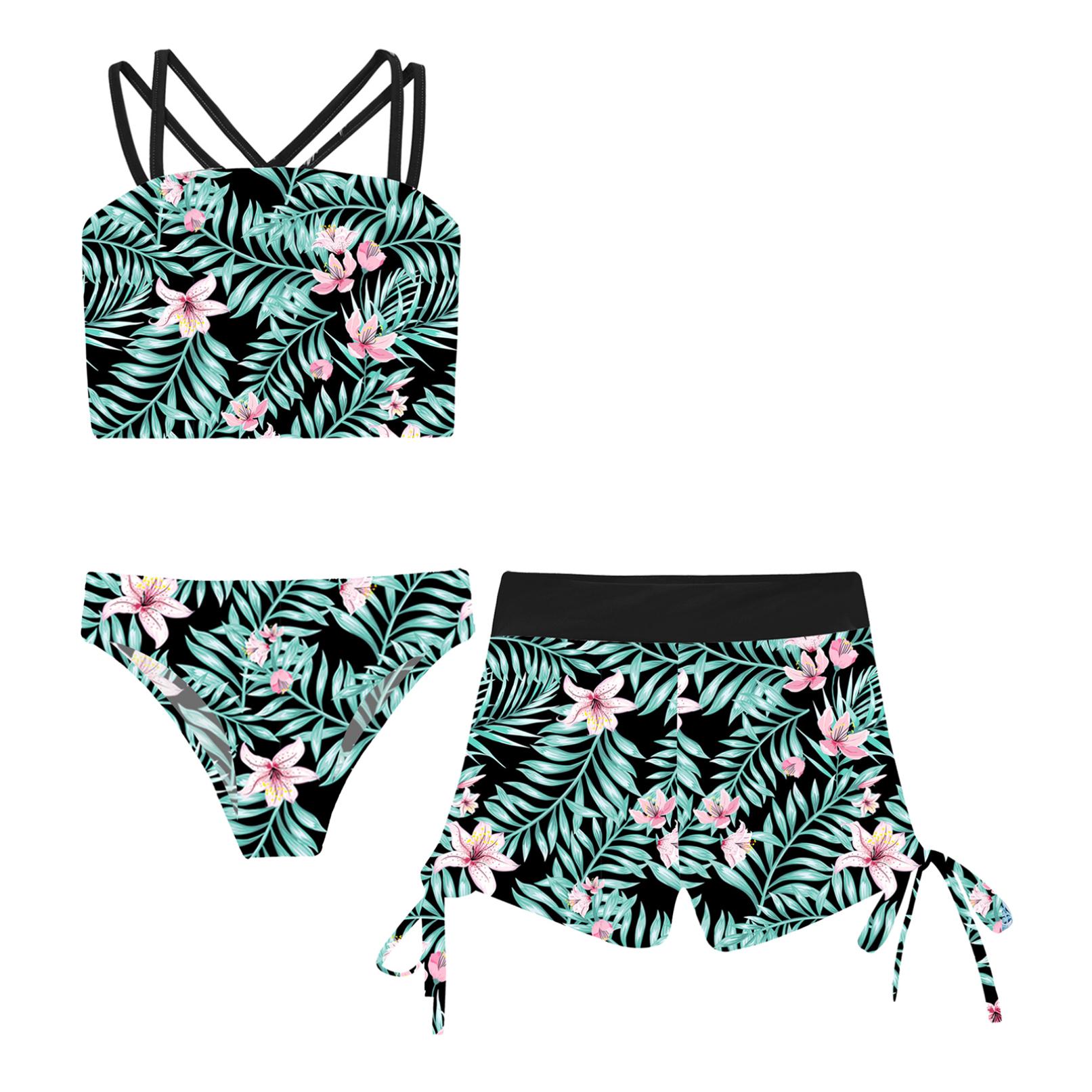 Manyakai Bikini met shorts Set voor meisjes Tankini-top Hotpants Zwemshorts 3-delig Hawaï-badpak Cross-over sport-bh Bikinibroekjes 7-8 Years groen
