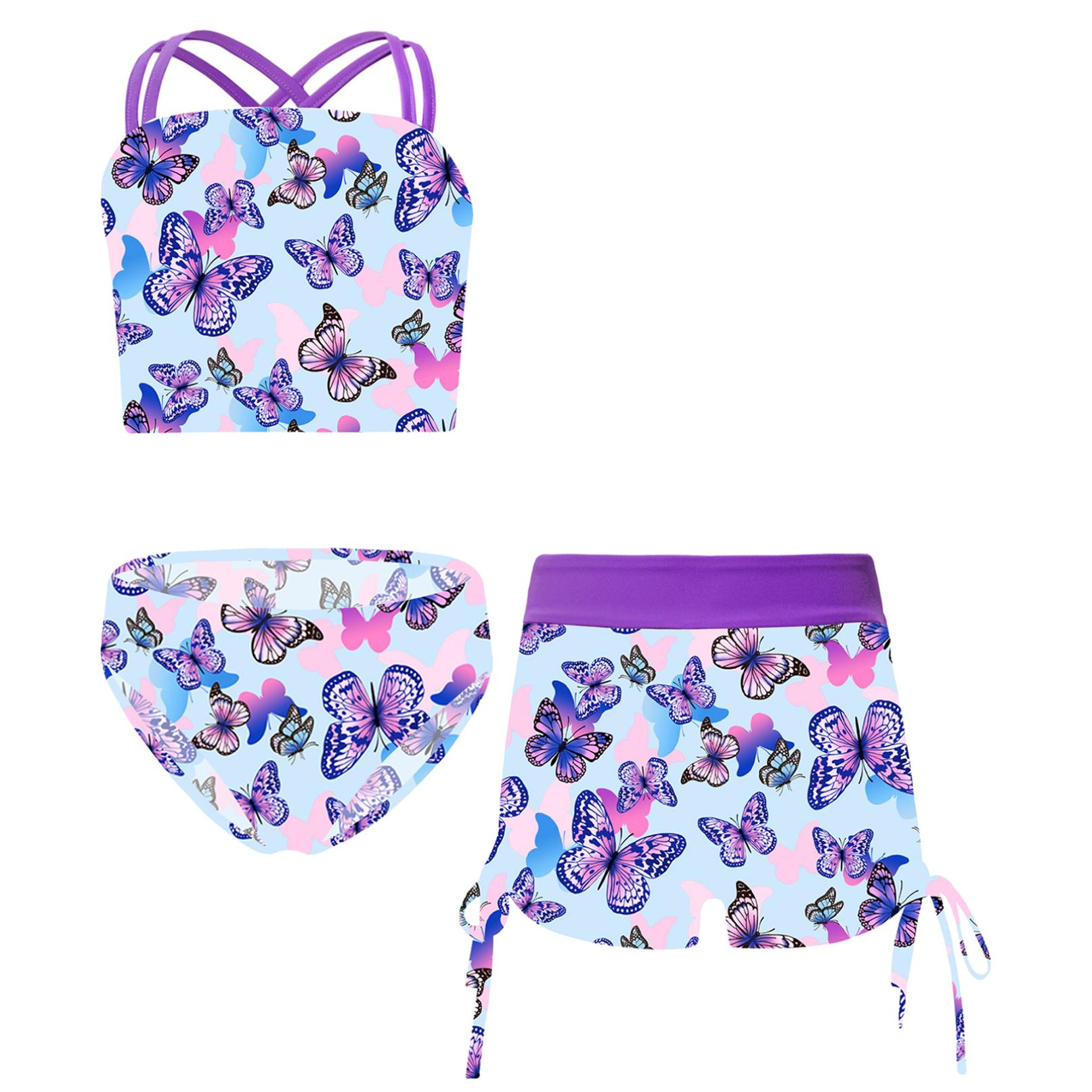 Manyakai Bikini met shorts Set voor meisjes Tankini-top Hotpants Zwemshorts 3-delig Hawaï-badpak Cross-over sport-bh Bikinibroekjes 15-16 Years paars
