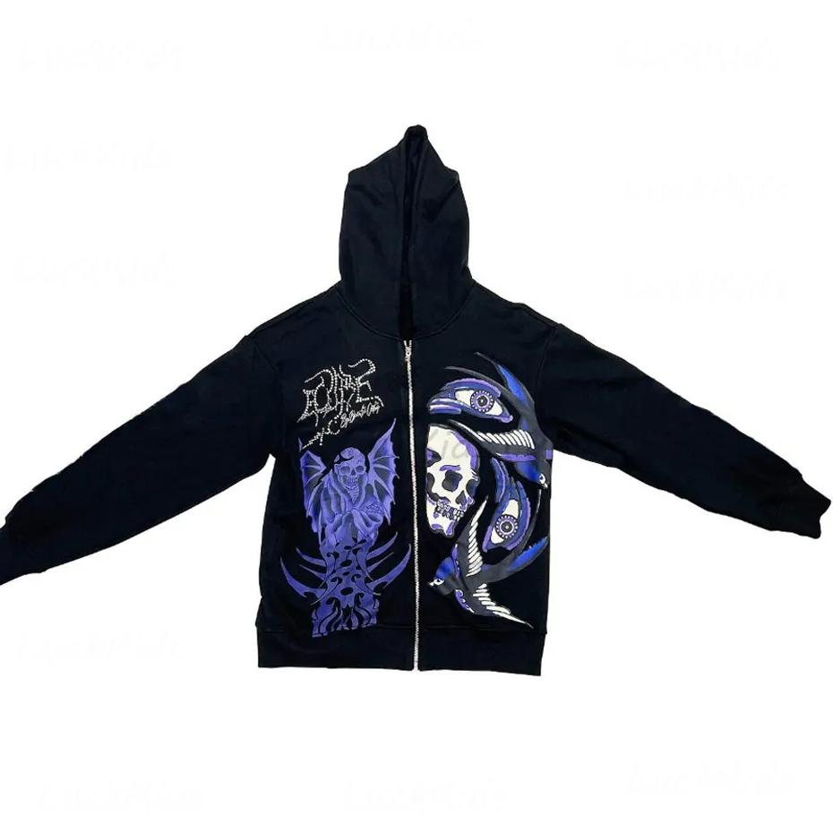 YUMI wardrobe Heren strass schedel paarse print streetwear oversized hoodie heren jas jas goth harajuku Y2k kleding grunge zip hoodie XXL zwart