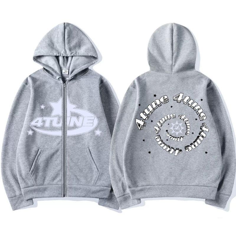 TENJINGE Trendy 4Tune Grafische Rits Hoodie Unisex Mode Casual Sweatshirt Y2k Jas Heren Dames Amerikaanse Straat Hip Hop Oversized Zip Up Jas L