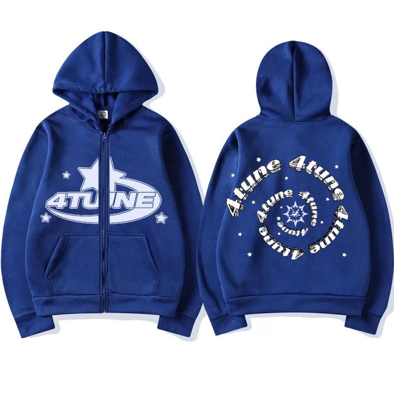 TENJINGE Trendy 4Tune Grafische Rits Hoodie Unisex Mode Casual Sweatshirt Y2k Jas Heren Dames Amerikaanse Straat Hip Hop Oversized Zip Up Jas S