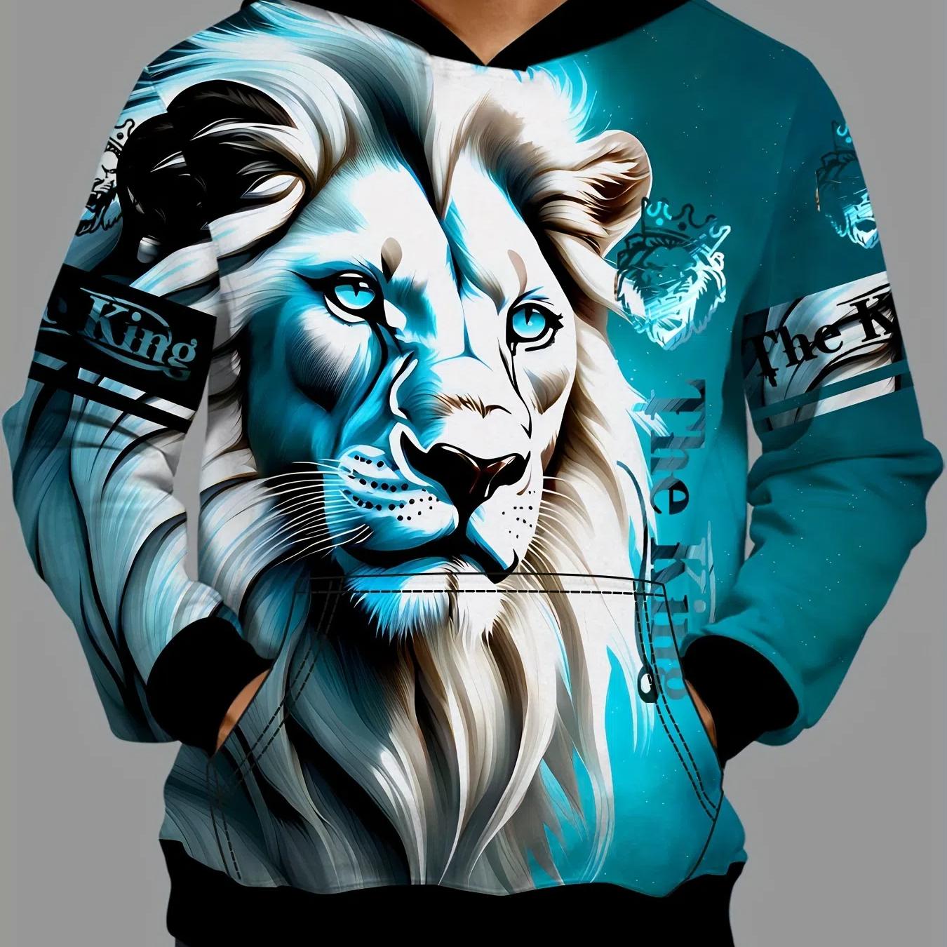 ETST 03 Heren Casual Leeuw 3D Print Hoodie: Trendy all-season comfort met kangoeroezak, duurzame stretchstof 4XL