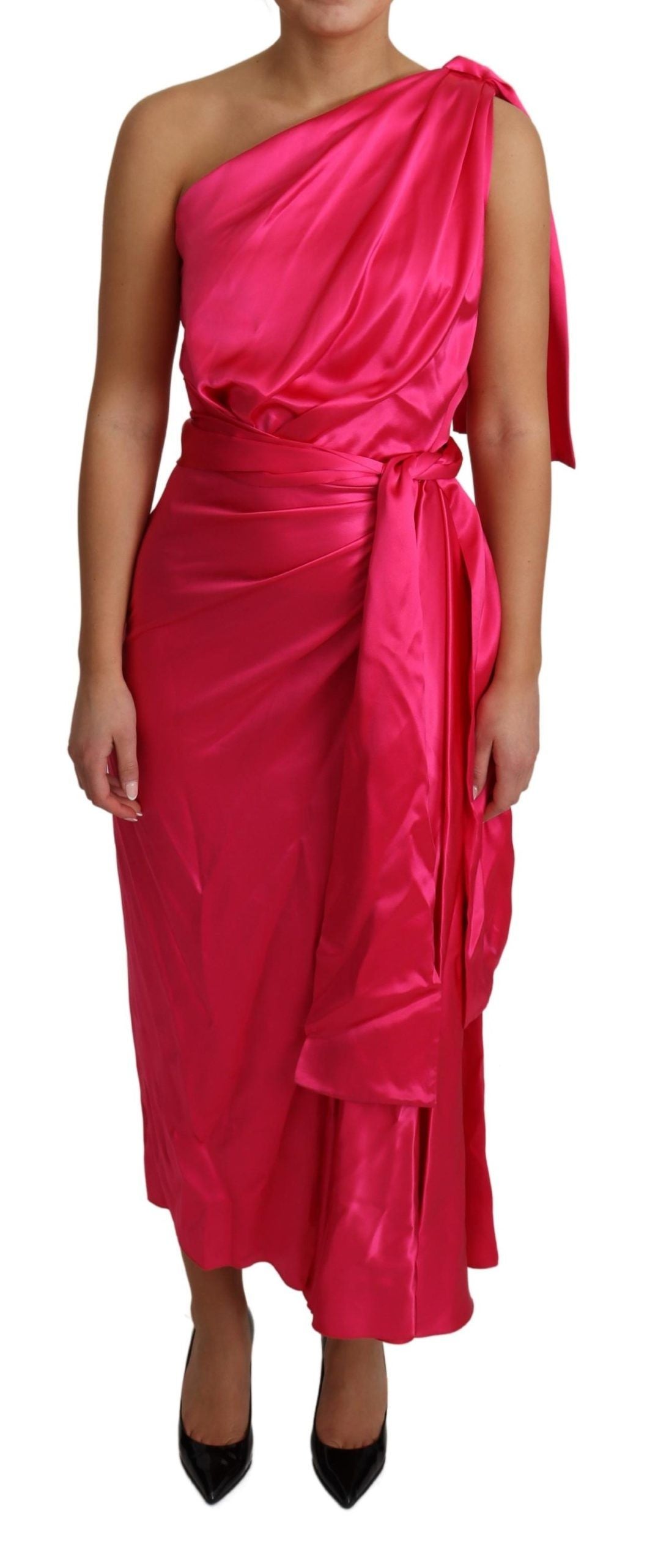 Dolce & Gabbana Dolce Gabbana Oneshoulder Zijden Satijnen Wikkeljurk Fuchsia