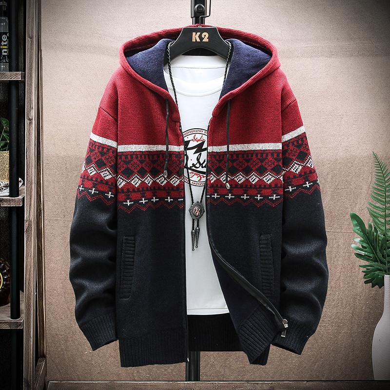 Yoxier Heren Fleece Warm Cardigan Plaid Trui Capuchon Winterkleding Harajuku Jas Volledige Rits Cardigans Jas Mode Gebreide Trui XL  65-72kg