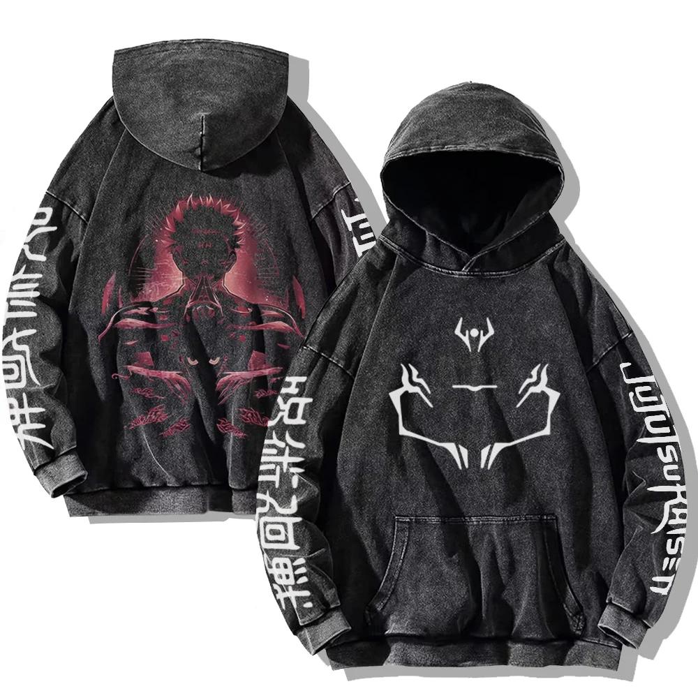ETST 012 Vintage gewassen Jujutsu Kaisen Hoodies Satoru Gojo Heren Dames Streetwear Sweatshirts Casual Oversized Lange Mouw Kleding XL