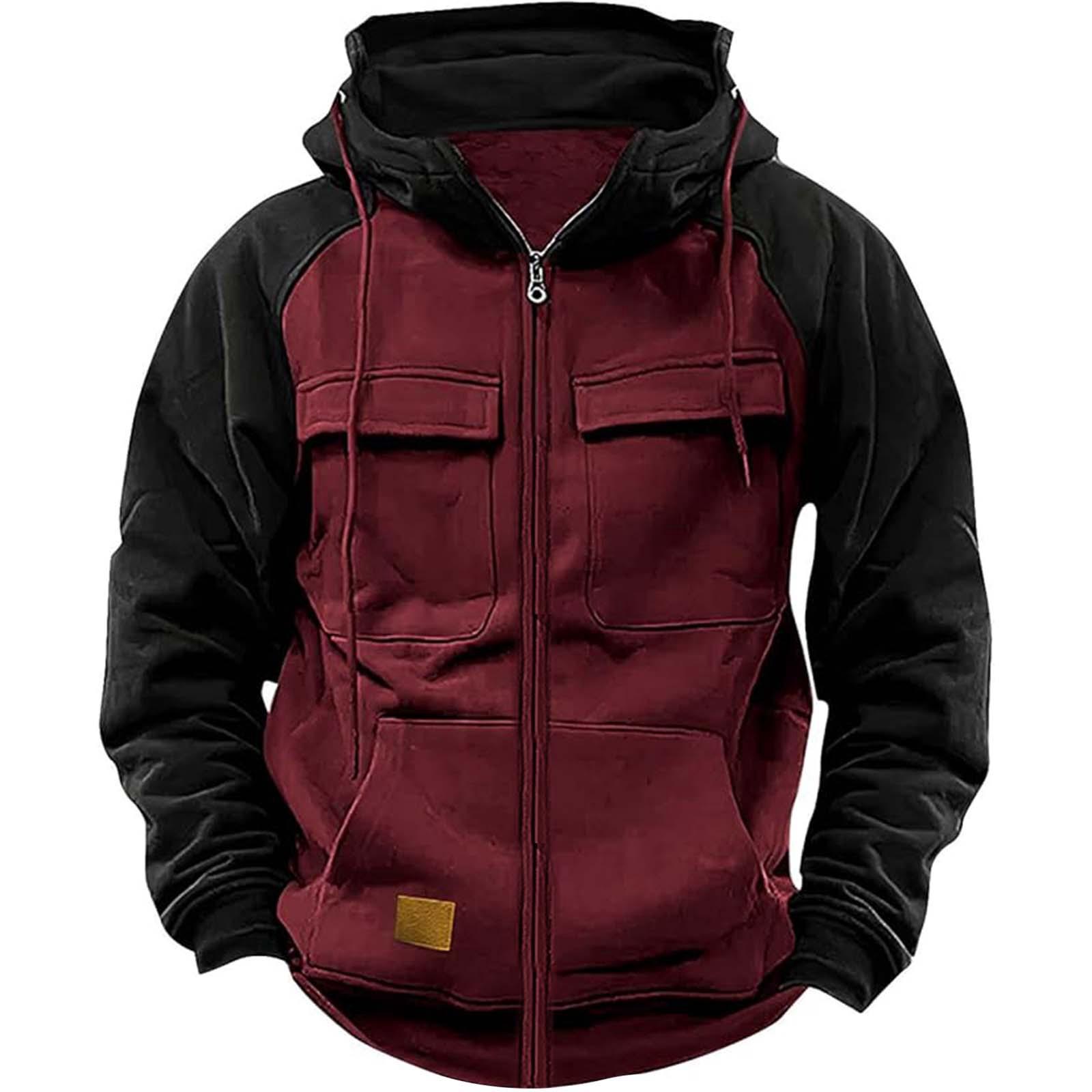 FX Men Herfst Winter Hoodies Heren Rits Patchwork Warme Fleece Sweatshirts Meerdere Zakken Heren Mode Capuchon Jas Dikke Outdoor Hoodie 2XL wijnrode kleur