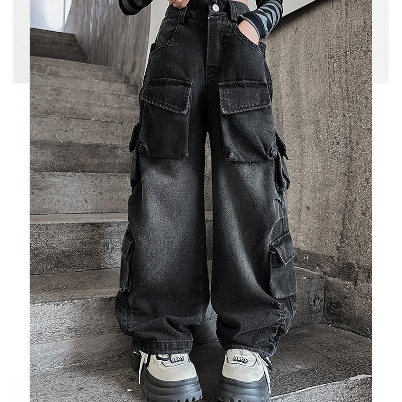 HAOAXIN Trendy en coole straatmeisjesbroeken, streetdance-denimwerkbroeken voor kinderen, prestatiekleding, nieuwe jeans voor grote kinderen 150