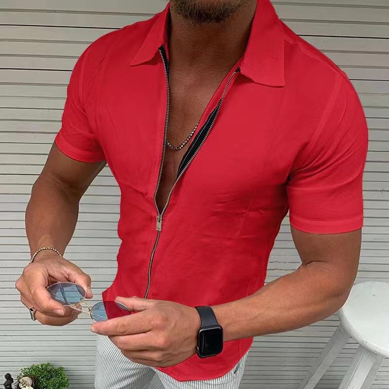 KAOLA Heren Licht Zakelijk Kantoor Casual Rits Korte Mouw Shirt Slim Fit Effen Kleur Revers Vest Mode Tops M rood