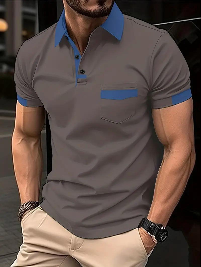 Top Men Wardrobe 2024 Zomer Heren Color Block Pocket Poloshirt XXL donkergrijze kleur
