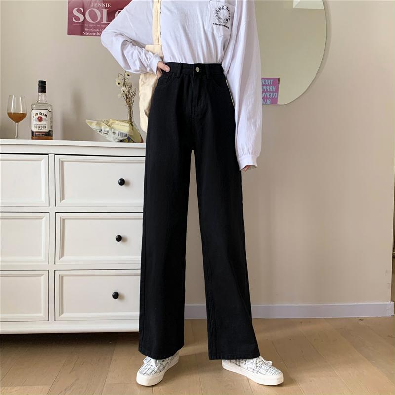 Zhanjie Ladies Clothing Dames witte wijde pijpen jeansbroek herfst hoge taille all-match losse denim broek casual vintage broek wijde pijpen broek jeans M zwart