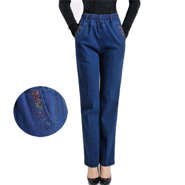 SHIZI Damesjeans van middelbare leeftijd Losse denimbroek Casual damesbroek met rechte pijpen en stretchtaille XXL