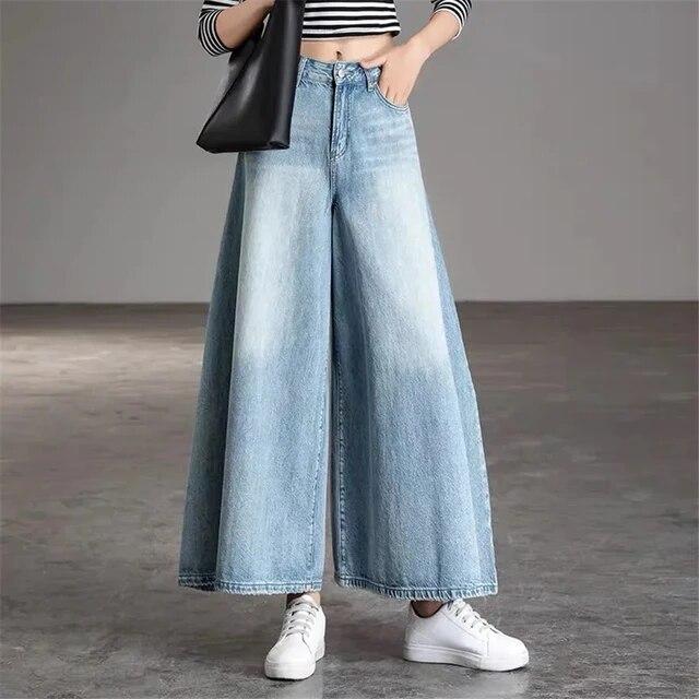 GS Super Losse Culotte Wash Vintage Wijde Pijpen Jeans Vrouwen Ontwerp Oversize Hoge Taille Denim Pantalones 95 Cm Koreaanse Baggy Rok broek 34 lichtblauwe kleur