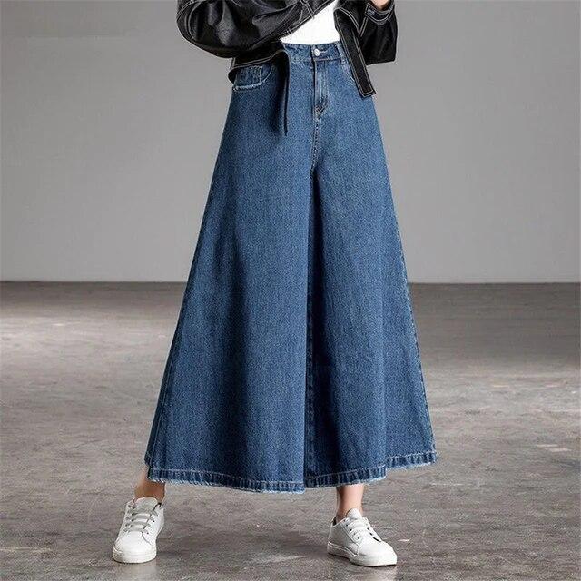 GS Super Losse Culotte Wash Vintage Wijde Pijpen Jeans Vrouwen Ontwerp Oversize Hoge Taille Denim Pantalones 95 Cm Koreaanse Baggy Rok broek 31 marineblauwe kleur