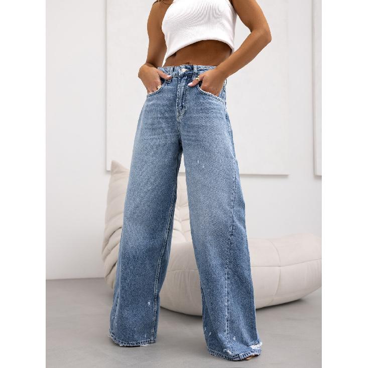 TIANNIU Amerikaanse Retro Straight Leg Ripped Jeans Voor Vrouwen, Europese En Amerikaanse Zomer 2024 Nieuwe Wijde Broeken XXL blauw