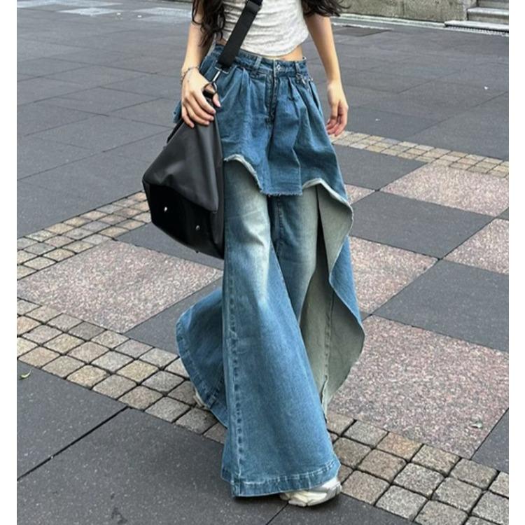21top Modieuze onregelmatige patchwork jeans voor dames, herfst- en lente-slanke broeken XXL blauw