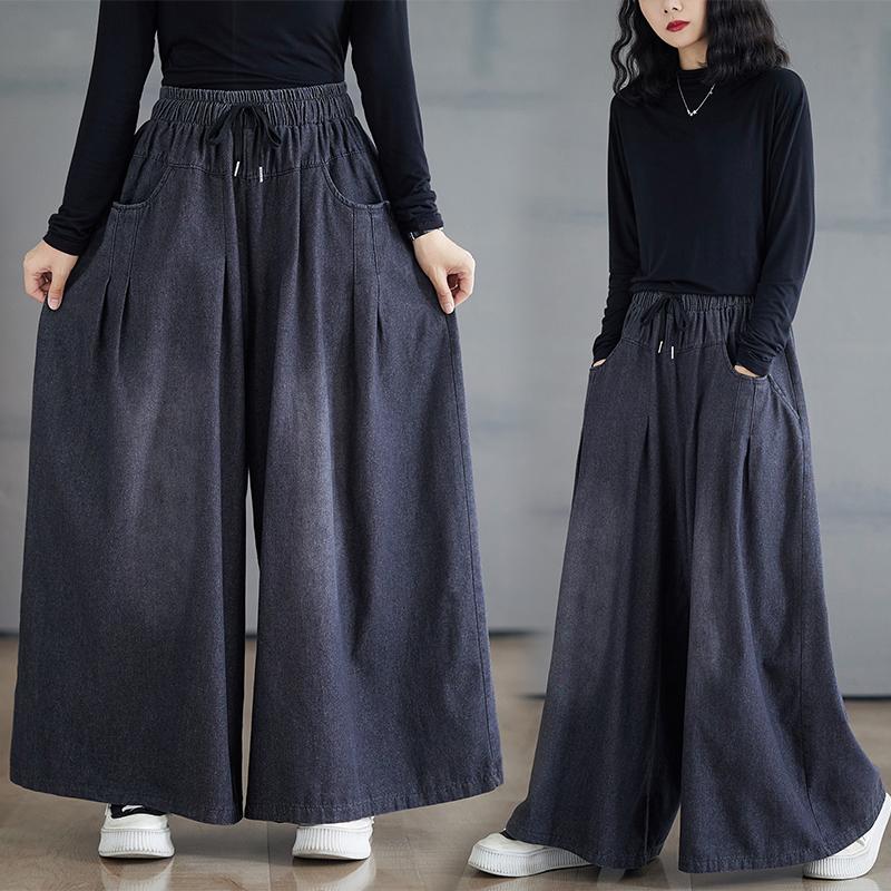 Dimanaf 2024 Zomer Plus Size Vrouwen Jeans Lange Broek Vintage Broeken Losse Wijde Pijpen Broek Casual Blauw Grote Maat 2XL zwart