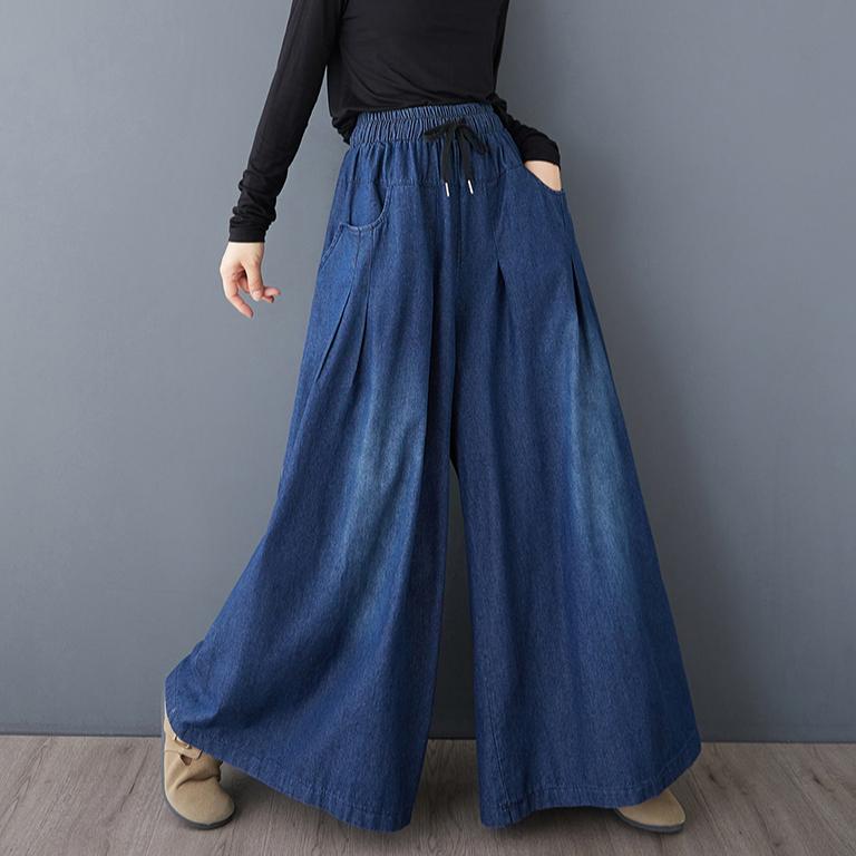 Dimanaf 2024 Zomer Plus Size Vrouwen Jeans Lange Broek Vintage Broeken Losse Wijde Pijpen Broek Casual Blauw Grote Maat 2XL marineblauwe kleur