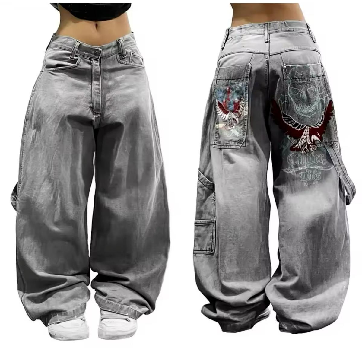 GEMTIDE Hoge taille losse casual retro Joker Y2K blauwe luipaardprint rechte broek Street American wijde pijpen broek XL