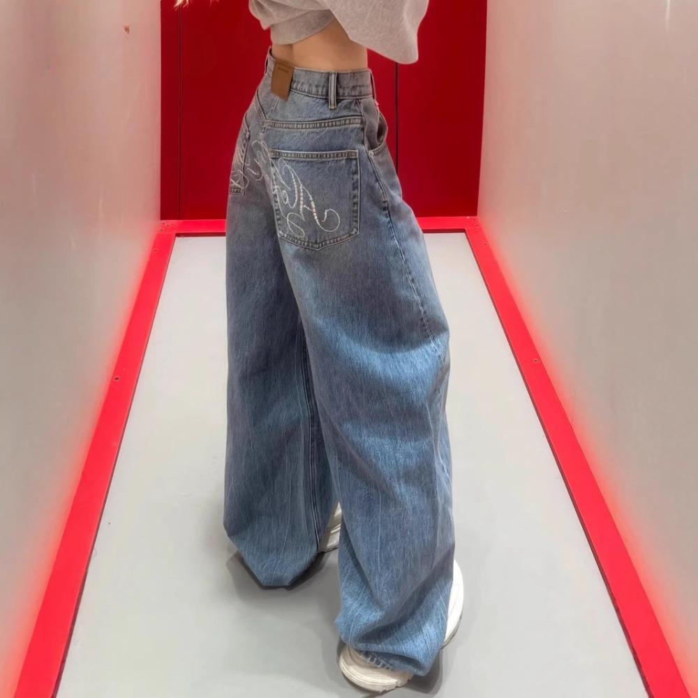 Zyllo Letter Hot Diamonds High Waited Jeans Woman Street Fashion Baggy Jeans Women Clothing Casual Versatile Pants Women S