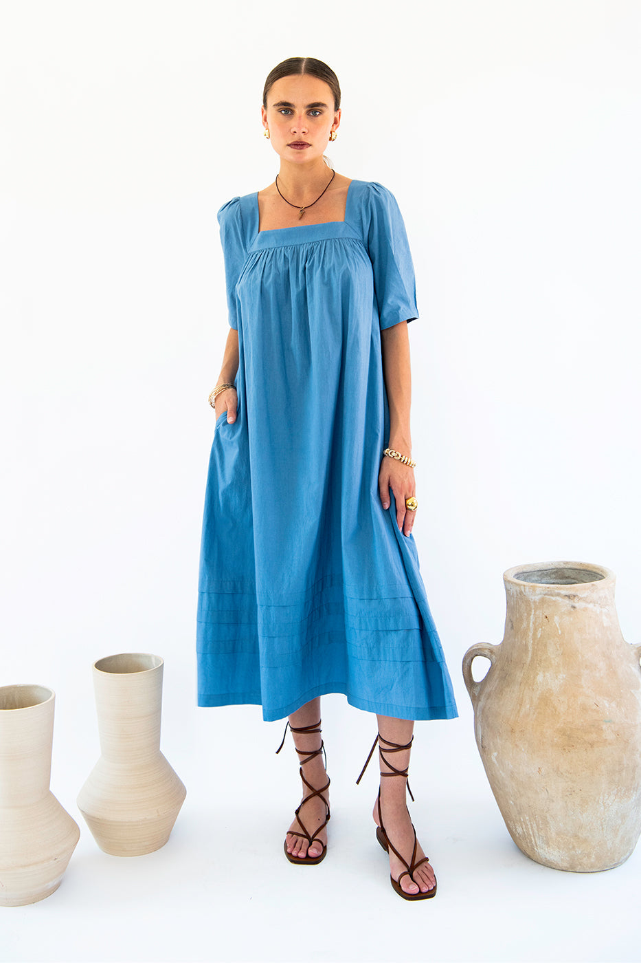 Neu Nomads Damen vegan Kleid Elisa Quadratischer Ausschnitt Ocean