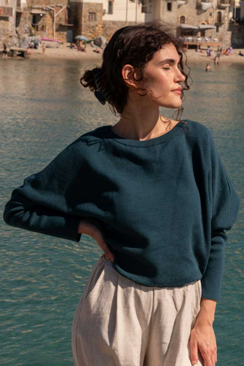 Widda Damen vegan Pullover Gestrickt Slabby Petrol