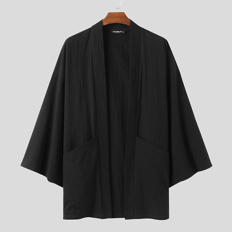 INCERUN Japanse kimono heren losse vleermuismouwen voor open cape vest poncho jassen tops 5XL zwart