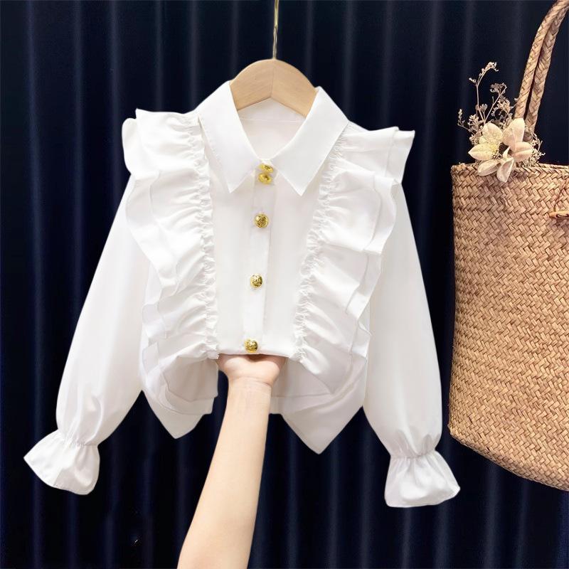YUBAOBEI Peuter Kinderen Meisjes Wit Shirt Lange Mouw Kant Meisjes Tops Studentenuniform Blouse Kinderkleding 130 wit