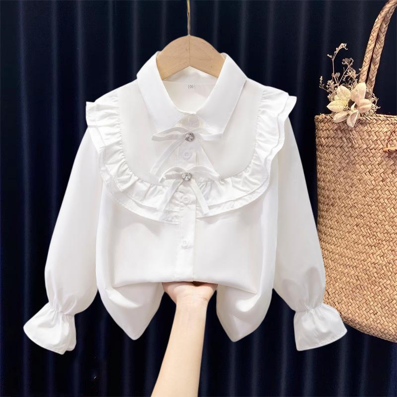 YUBAOBEI Peuter Kinderen Meisjes Wit Shirt Lange Mouw Kant Meisjes Tops Studentenuniform Blouse Kinderkleding 150 wit