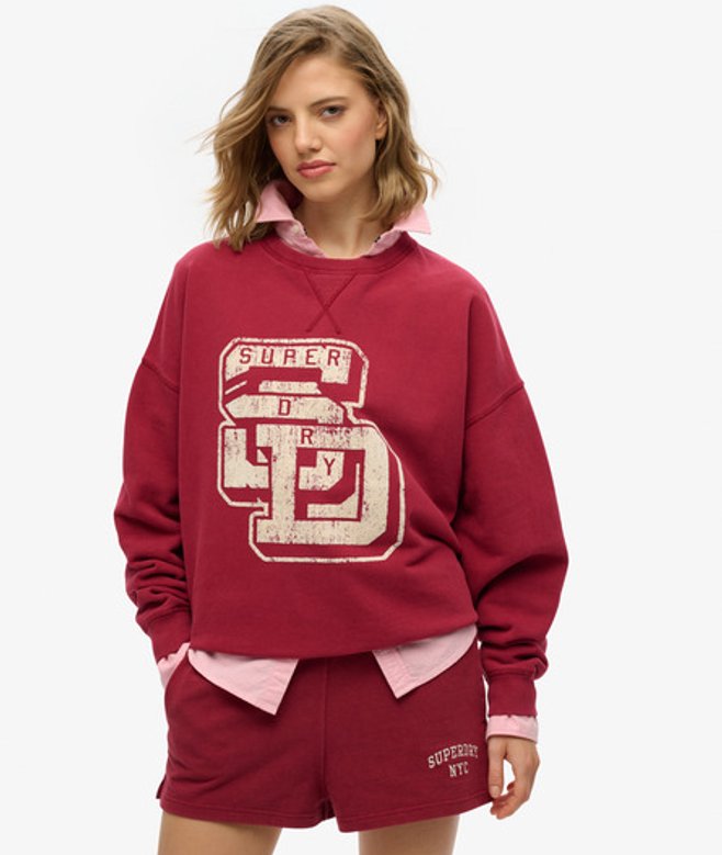 Superdry Athletic Essentials Flock Sweatshirt met Relaxte Pasvorm en Ronde Hals Rood