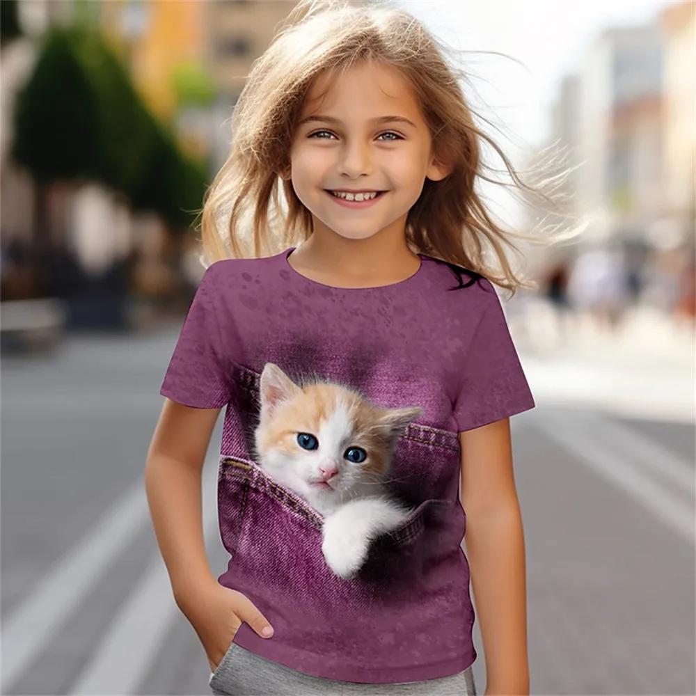 ETST WENDY 012 Zomer Nieuwe Kinderen Nieuwe Schattige Kattenpatroon 3D-Print T-shirt Meisjes Mode Schattige Patroon Casual Trendy Korte Mouwen Tops 120