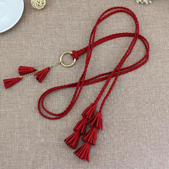 MiniSunshine Mode Vrouwen Effen Kleur Gevlochten Kwast Riem Boho Meisjes Dunne Taille Touw Brei Riemen voor Jurk Taillebanden Accessoires One Size rood