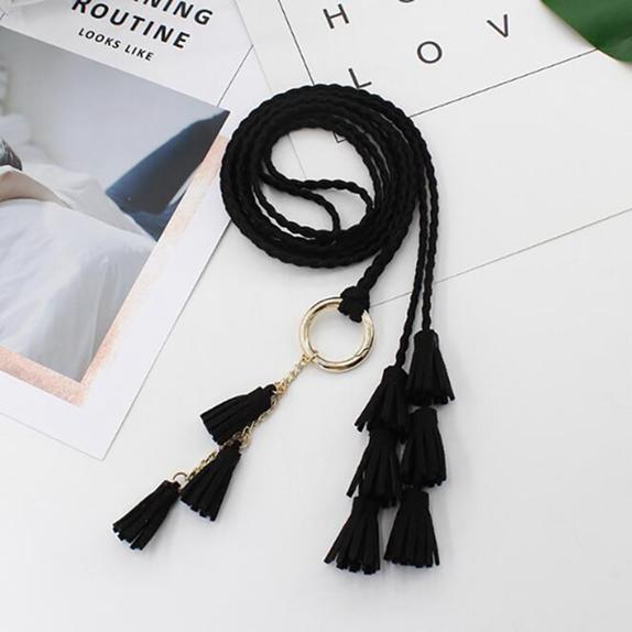 MiniSunshine Mode Vrouwen Effen Kleur Gevlochten Kwast Riem Boho Meisjes Dunne Taille Touw Brei Riemen voor Jurk Taillebanden Accessoires One Size zwart